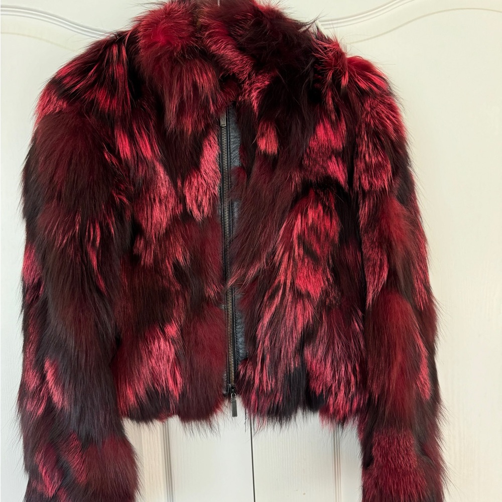 Luxurious Red and Black Fox Fur Bomber Jacket